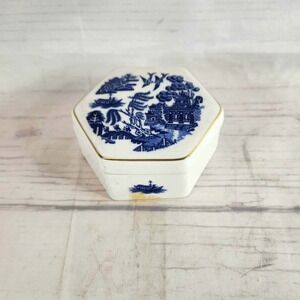 Coalport Blue Willow Hexagonal Trinket Box Lidded Porcelain Jewelry Dish